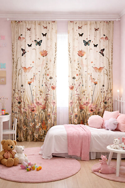 Bebişim Halı Çocuk Odası Çift Kanatlı Fon Perde Kelebekli Çiçek Tarlası Desenli