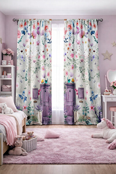 Bebişim Halı Children's Room Double Winged Background Curtain with Flower Gar...