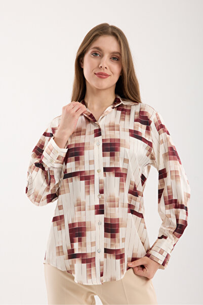 Moda Days Cămașă din satin cu model, cu manșete largi, roșu claret-crem