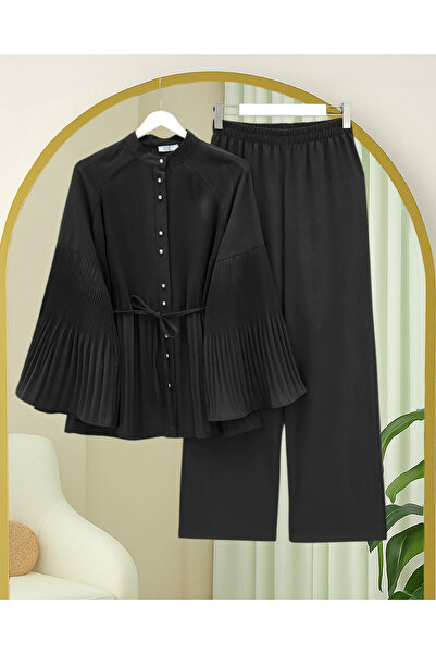 Modamorfo Piliseli High Collar Buttoned Crepe Suit - Black