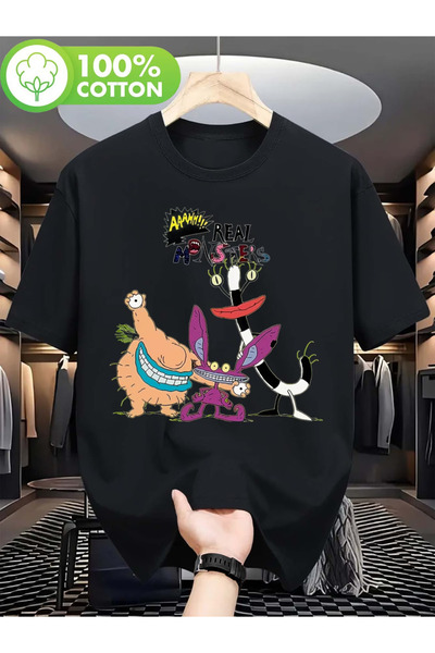 Flow touch تي شيرت أسود بأكمام قصيرة ورقبة دائرية من القطن المطبوع للجنسين