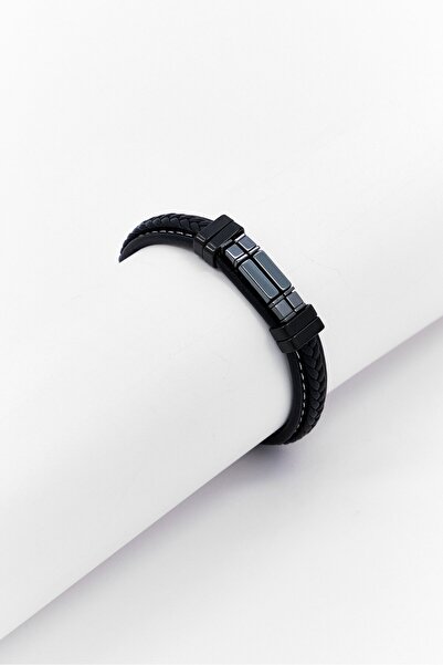 Steeltime Men Thread Ip Stainless Steel Hematite Agate Beads Id Bracelet, Black