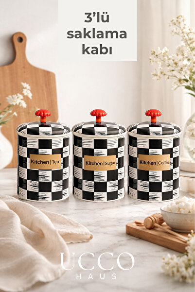 UCCO 3-Piece Tea, Sugar, Coffee Storage Container 1.5 Liter Checkered Floral ...