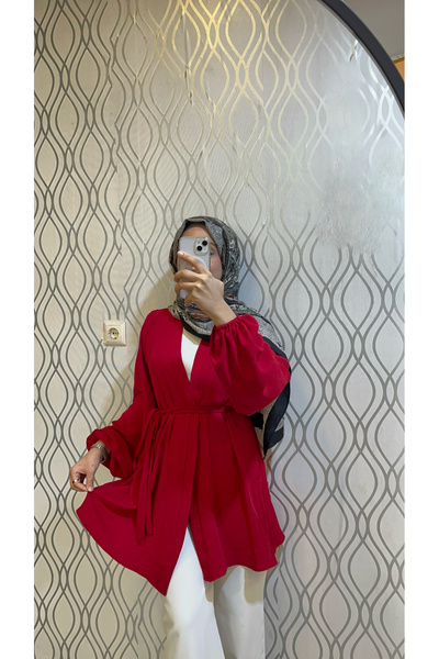 Dilek butik 1 Red Balloon Sleeve Belted Kimono