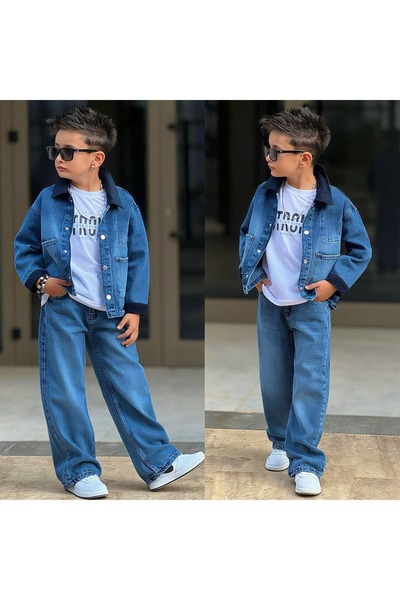 Bisahane Set de 3 piese din denim cu guler din catifea pentru băieți