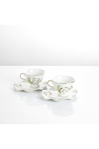 Malooki Set 2 cești de cafea din porțelan cu farfurioare, 180 ml - decor floral în relief