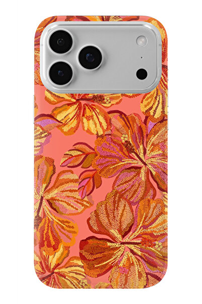 Space Star iPhone 17 Pro Max Uyumlu Turuncu Çiçek Tasarım Baskılı Şeffaf Kılıf