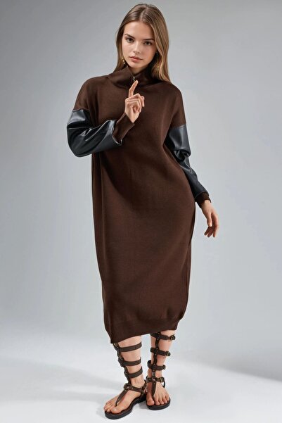 Hiccup My Fashion Faux Leather Detailed Long Textured Knitwear Dress