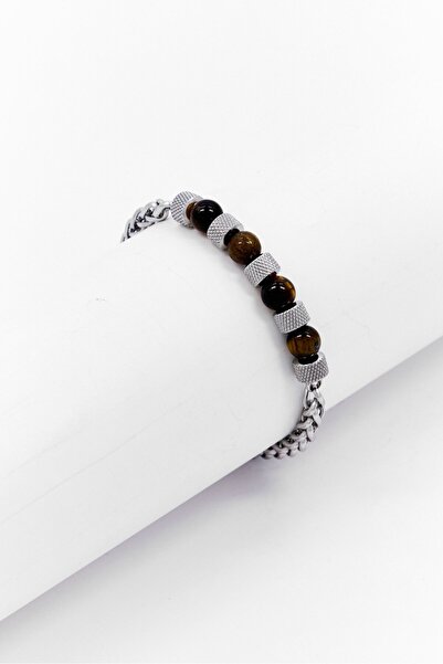 Steeltime Men Stainless Steel Wheat Chain And Tiger Eye Beads Bracelet, Silver
