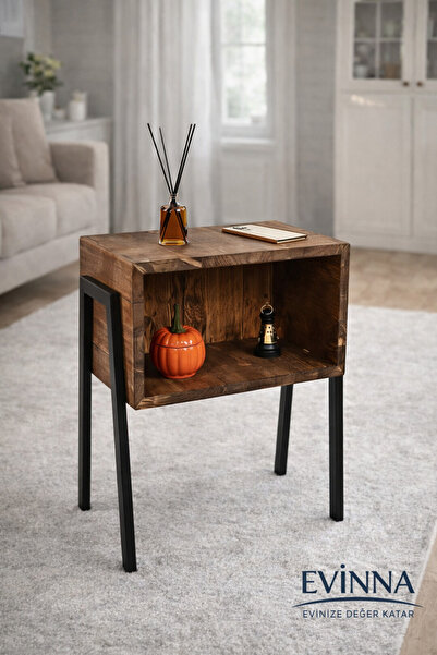 EVİNNA - Rustik Ceviz Gece Masası - Metal Ayaklar - Komidin - Çam Massif Ahşa...