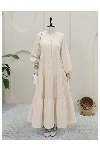 Modamorfo V-Neck Half Buttoned Elastic Sleeves Muslin Dress - Stone