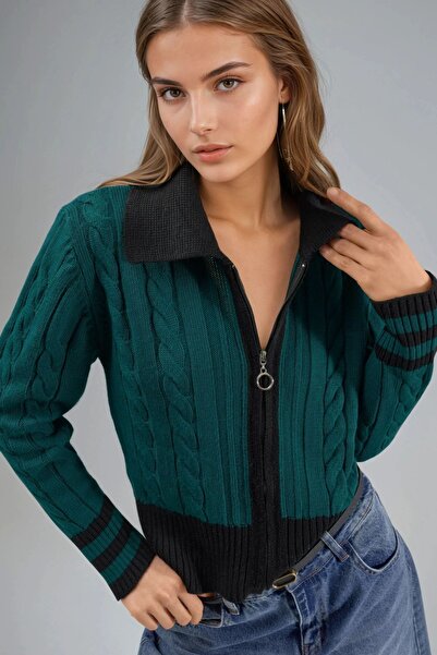 Hiccup My Fashion Zippered Polo Neck Knit Cardigan