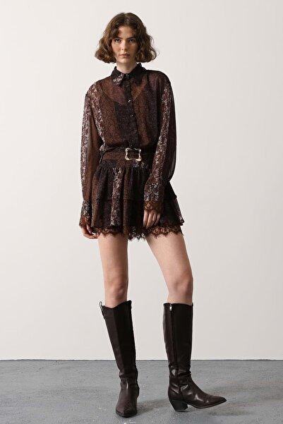 ibeeka Women's chiffon dress with lace detail and pattern - buckle belt detai...