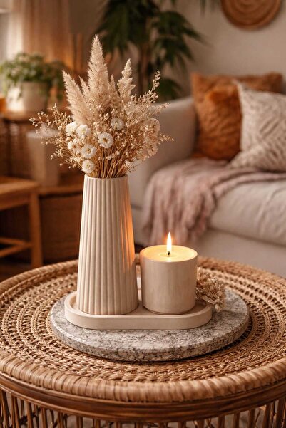 R ROZELLA Aura Bohem Kum Desenli Modern Mumluk ve Dekoratif Vazo Seti – Gül D...