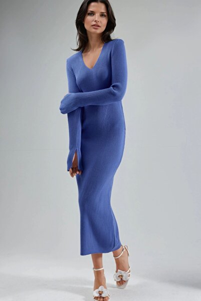 Hiccup My Fashion V-Neck Textured Long Knit Dress