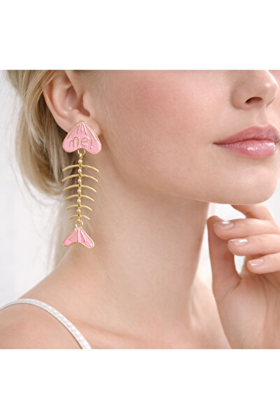 naaksesuar Pink Enamel Fish Bone Detailed Earrings