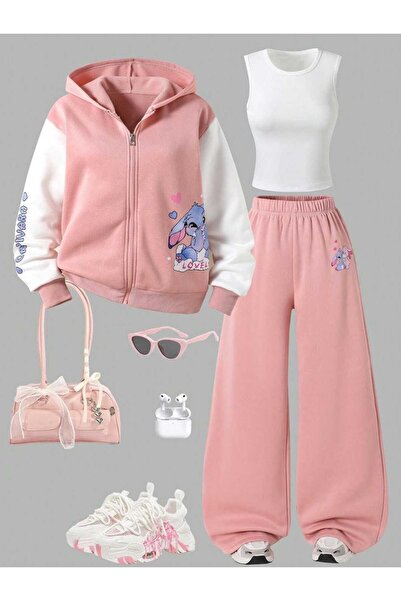 VESTIR BIEN Stitch Baskılı 3'lü Kışlık Takım Fermuarlı Pembe Beyaz Üç İplik