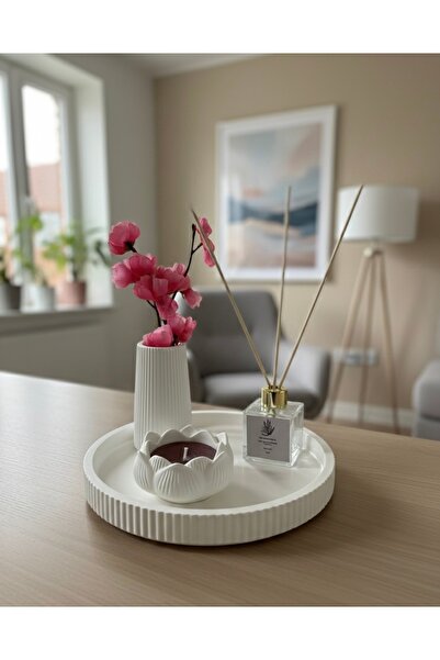 Dekor Dekoratif Taş Set 4 Parça Oda Kokulu Vazo Mumluk Tepsi Hediyelik Ev Dek...
