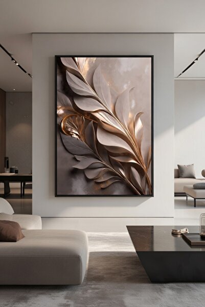 hollywest Lüks Bej & Altın Yaprak Formlu Duvar Sanatı | Modern Çerçeveli Tablo
