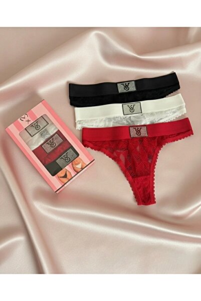 Pink Cadillac Taş Dantel Detaylı Şık 3'lü Tanga Seti (Özel Kutulu)