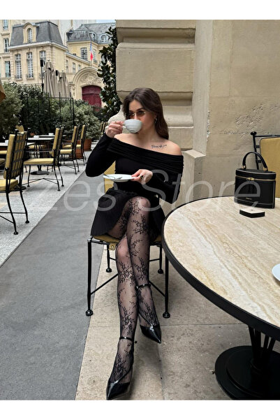 zes store Zes Şık Gece İçin Siyah Çiçek Desenli Kadın Külotlu çorap