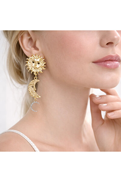 naaksesuar Gold Color Brand Model Earrings with Sun and Moon Figures