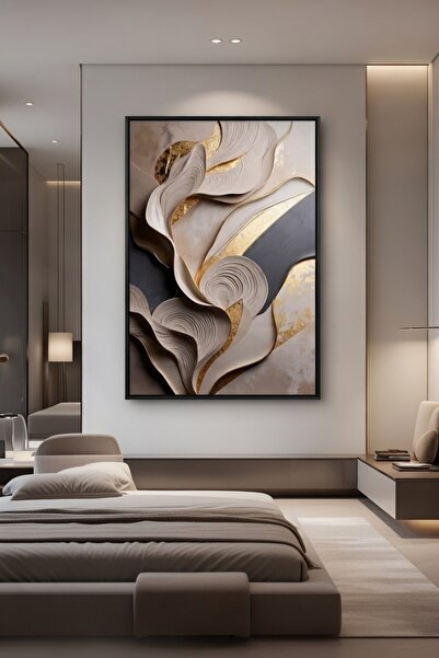 hollywest Lüks Bej & Altın Soyut Duvar Sanatı | Modern Çerçeveli Tablo