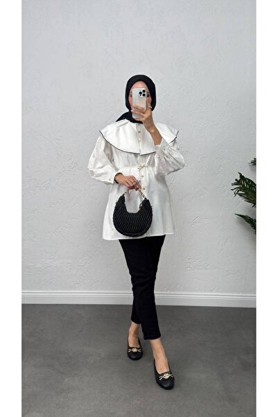 Burcia Lace-Up Waist Detail Hijab Tunic Shirt with Collar Detail