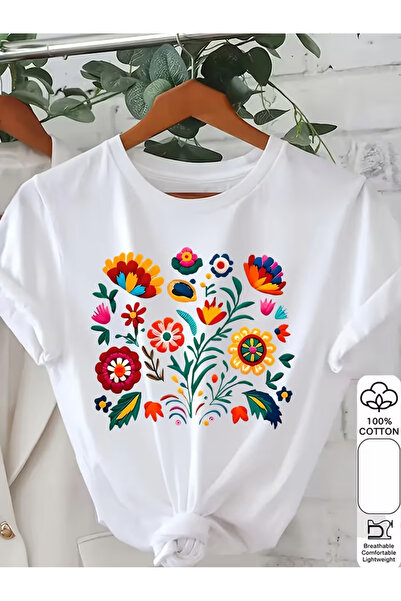 EYMORA Flower Motif Patterned Short Sleeve T-Shirt