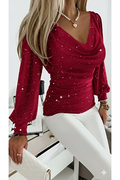 FRESCO SCARFS Women's Long Sleeve Degaje Collar Stoned Sandy Blouse
