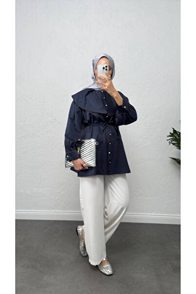 Burcia Lace-Up Waist Detail Hijab Tunic Shirt with Collar Detail