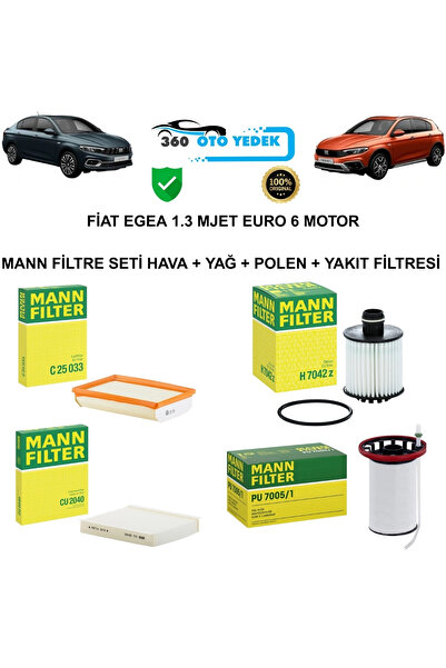 MANN FİAT EGEA 1.3 MJET EURO 6 MOTOR FİLTRE SETİ HAVA + YAĞ + POLEN + YAKIT F...
