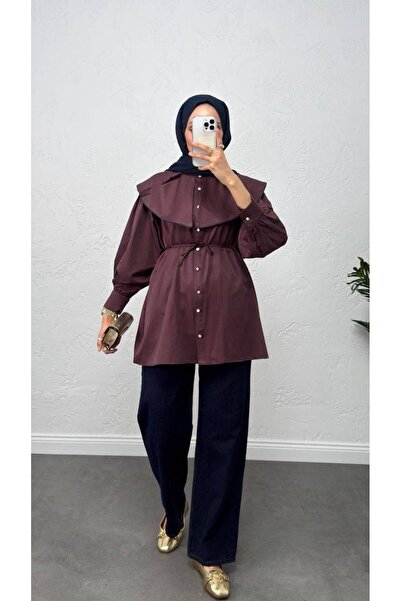 Burcia Lace-Up Waist Detail Hijab Tunic Shirt with Collar Detail