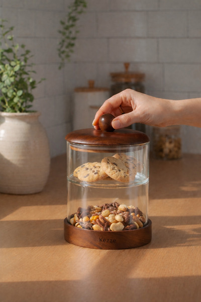 Paşabahçe 2 Katlı Akasya Kapaklı Akasya Altlıklı Vakumlu Cam Kavanoz -Çerezli...