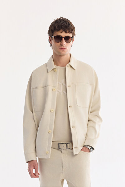 Avva Men's Beige Classic Collar Buttoned Side Pocket Suede Coat A61Y6003