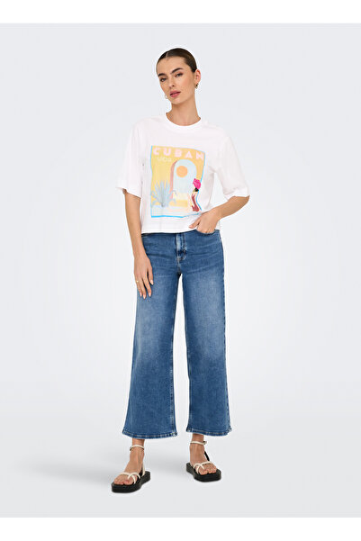 ONLY O Yaka Baskılı Açık Beyaz Kadın T-Shirt ONLVEGA LIFE S/S VIBE TOP BOX JRS