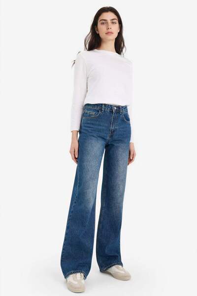 DeFacto Straight Wide High Waist Long Washed Jeans G8848Ax26Sp