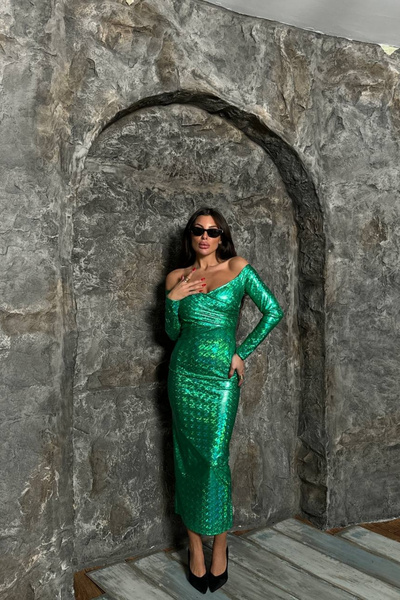 Afitapbutikmoda Madonna Yaka Lame Varak Baskılı Midi Boy Elbise