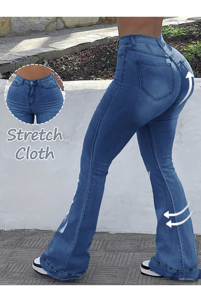 Shevadne Mavi Yüksek Bel Likralı İspanyol Paça Toparlayıcı Günlük 4 Mevsim Ka...