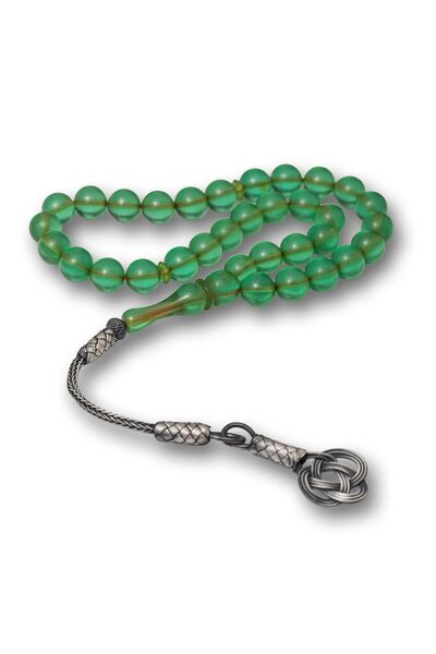 Inure Jewelry Rozariu din chihlimbar verde cu ciucuri Kazaz argintiu