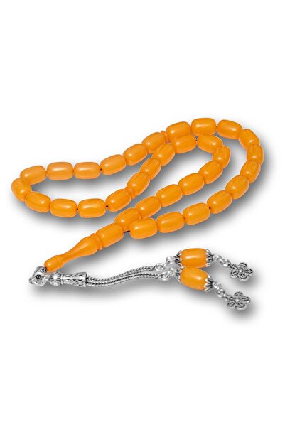 Inure Jewelry سبحة من العنبر الأصفر بقطع كبسولي وتجعيد فضي اللون