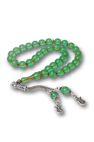 Inure Jewelry Rozariu rotund din chihlimbar verde cu ciucuri argintii