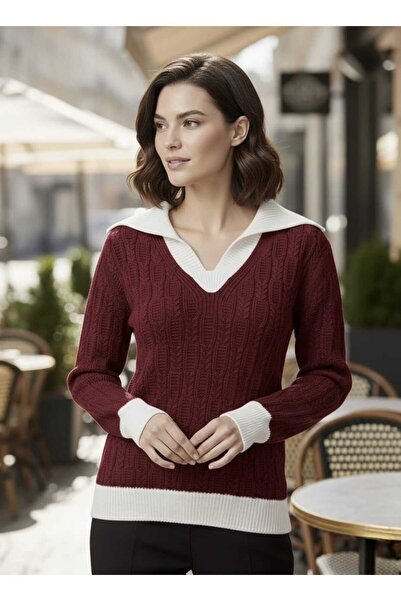 citystyle Women's Knitwear Burgundy Sweater Long Sleeve V-Neck Hair Braided C...