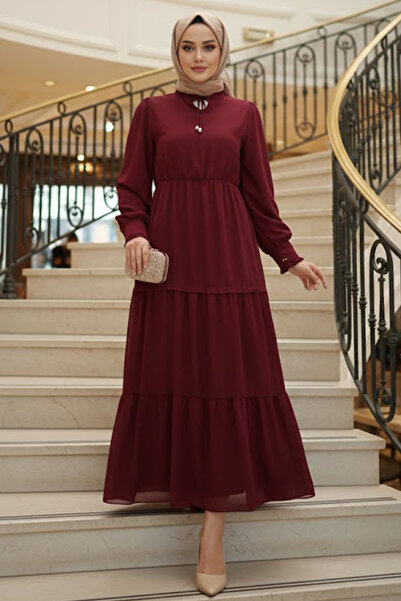 N.S NEVA STYLE Kat Piliseli Bordo Tesettür Elbise 6268BR