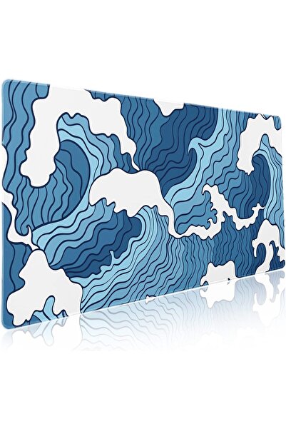 Generic وسادة ماوس ألعاب يابانية زرقاء وبيضاء بتصميم أمواج، مقاس XXL، بنقشة ب...