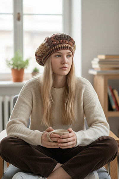 satürn hobi örgü tasarım Knitted Bohemian Motif Coffee Color Gradient & Shimmering Painter's Beret Hat