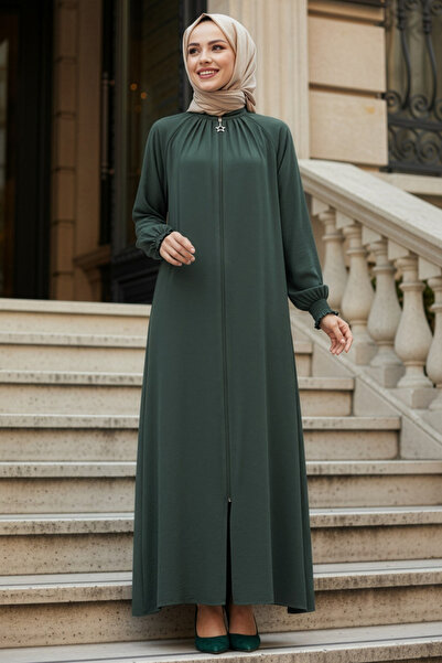 N.S NEVA STYLE Zippered Dark Mint Hijab Robe 45293Kmint