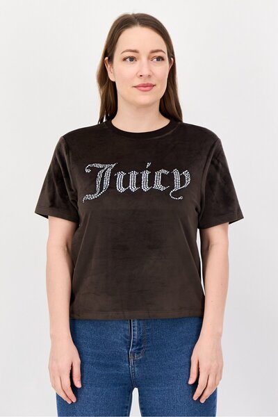 Juicy Couture Women Crew Neck Short Sleeve Embellished T-Shirt, Dark Brown