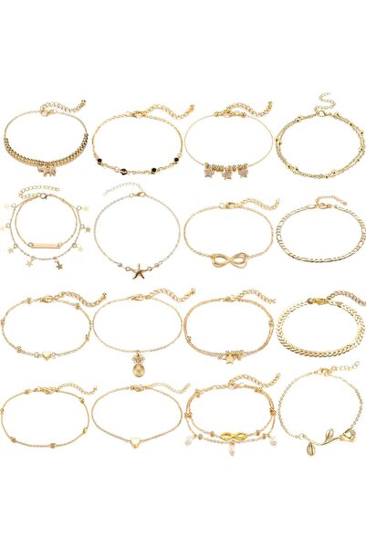 Generic 16 Pcs Ankle Bracelets For Women Gold Beach Anklet Bracelet Jewelry A...
