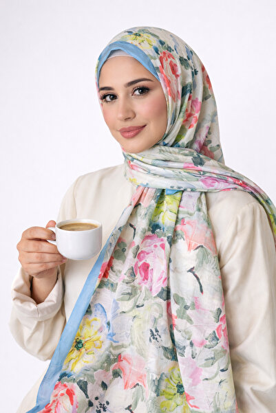 MİNELEŞARP34 Mineleşarp mavi şeritli renkli bambu kraş şal